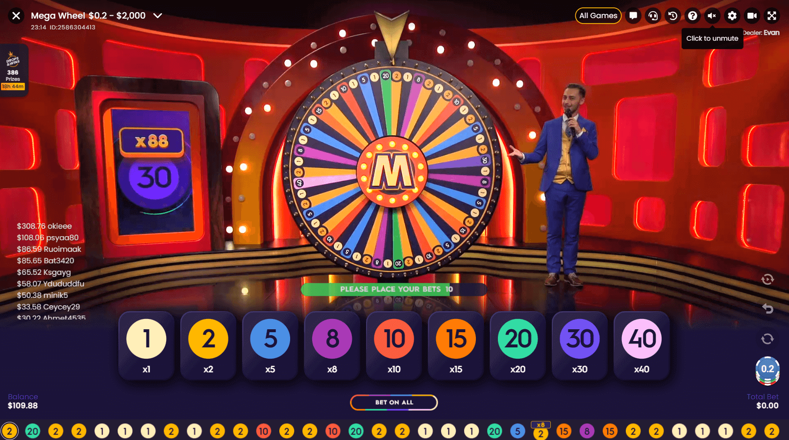 Mega Wheel Live casino game interface 
